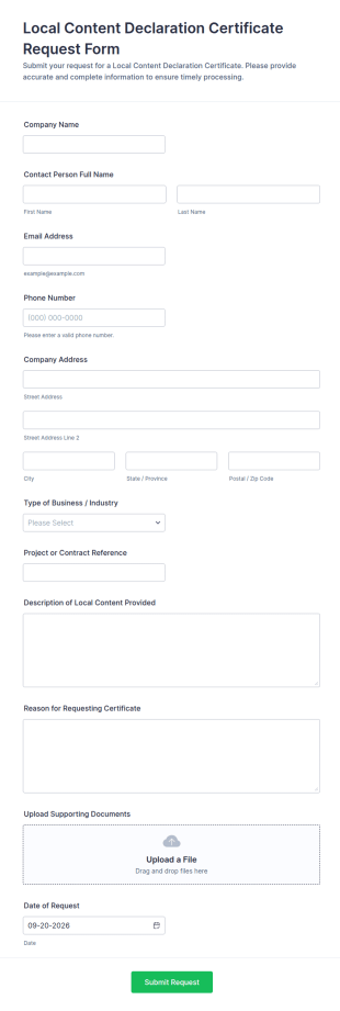 Local Content Declaration Certificate Request Form Template