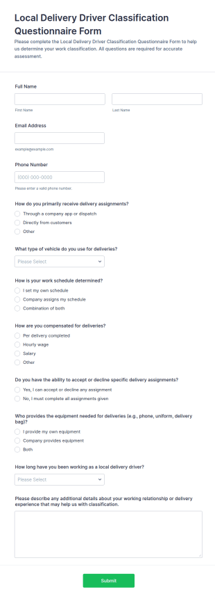 Local Delivery Driver Classification Questionnaire Form Template