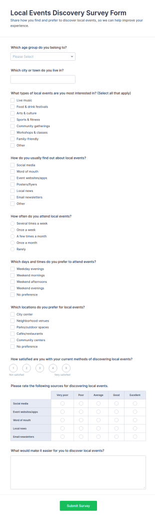 Local Events Discovery Survey Form Template