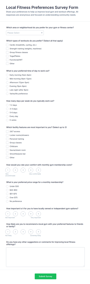 Local Fitness Preferences Survey Form Template