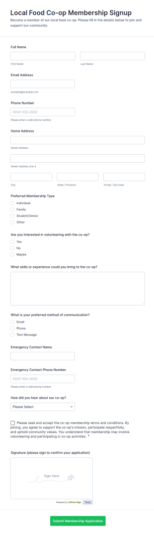Local Food Co Op Membership Signup Form Template
