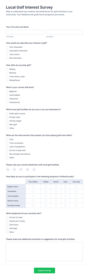 Local Golf Interest Survey Form Template