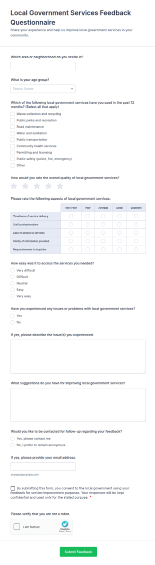 Local Government Services Feedback Questionnaire Form Template