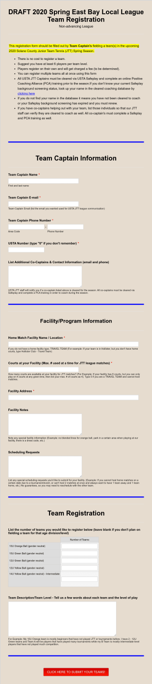 Local League Team Registration Form Template