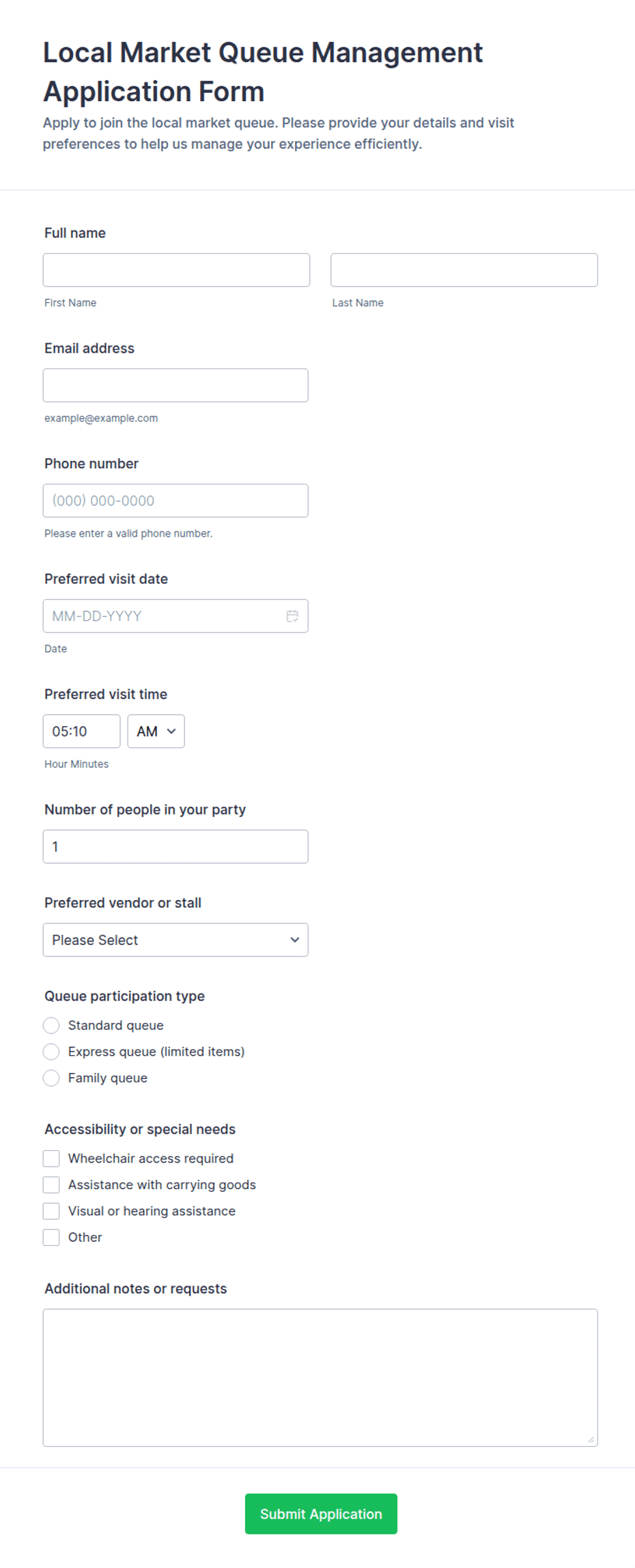 Local Market Queue Management Form Template | Jotform