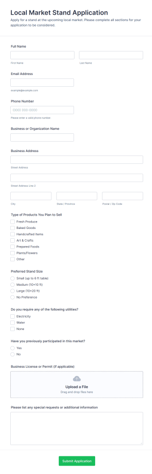 Local Market Stand Application Form Template