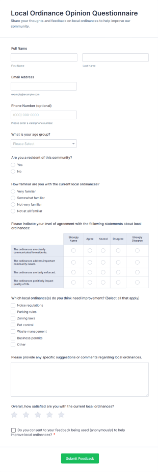 Local Ordinance Opinion Questionnaire Form Template