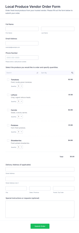 Local Produce Vendor Order Form Template