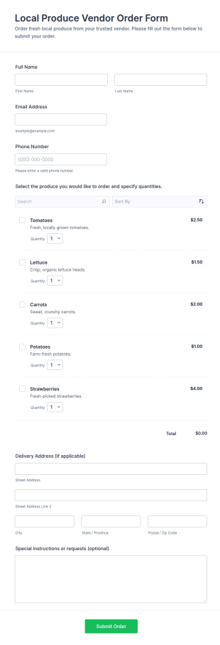 Local Produce Vendor Order Form Template