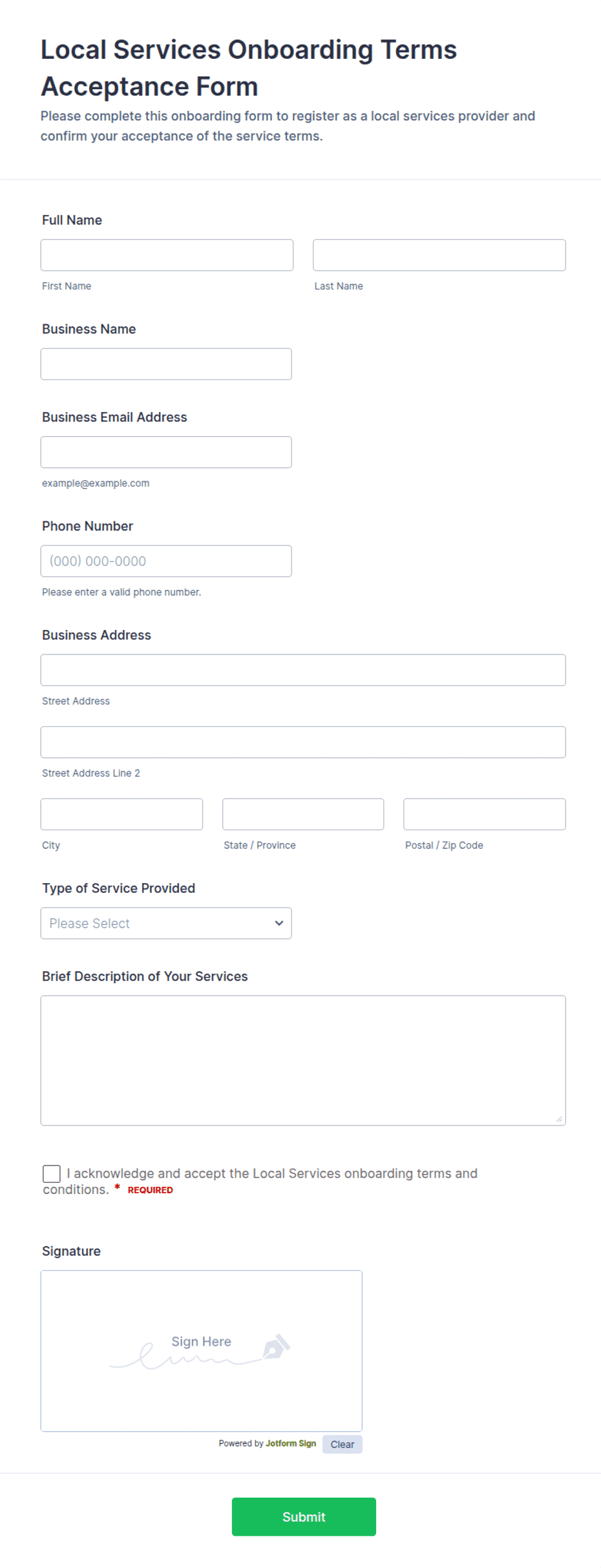 Local Services Onboarding Terms Acceptance Form Template | Jotform
