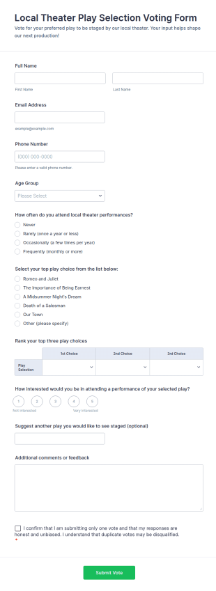 Local Theater Play Selection Voting Form Template
