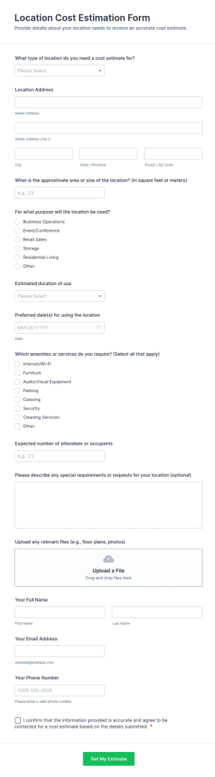 Location Cost Estimation Form Template