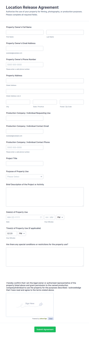 Location Release Agreement Form Template