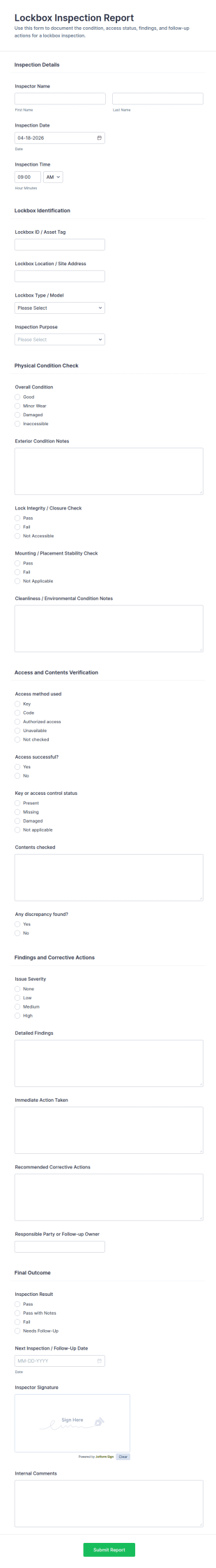 Lockbox Inspection Report Form Template