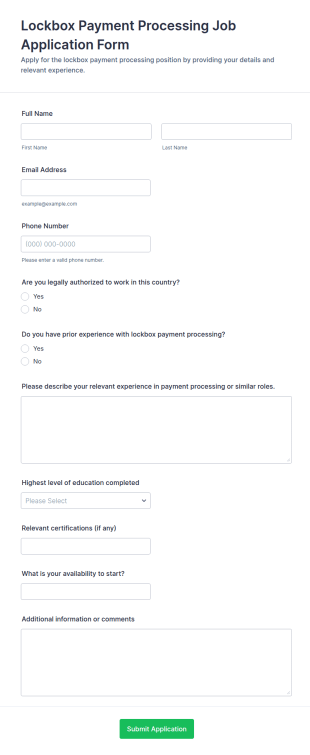 Lockbox Payment Processing Job Application Form Template