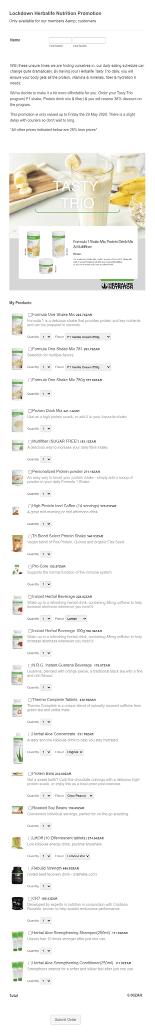 Lockdown Nutrition Order Form Template