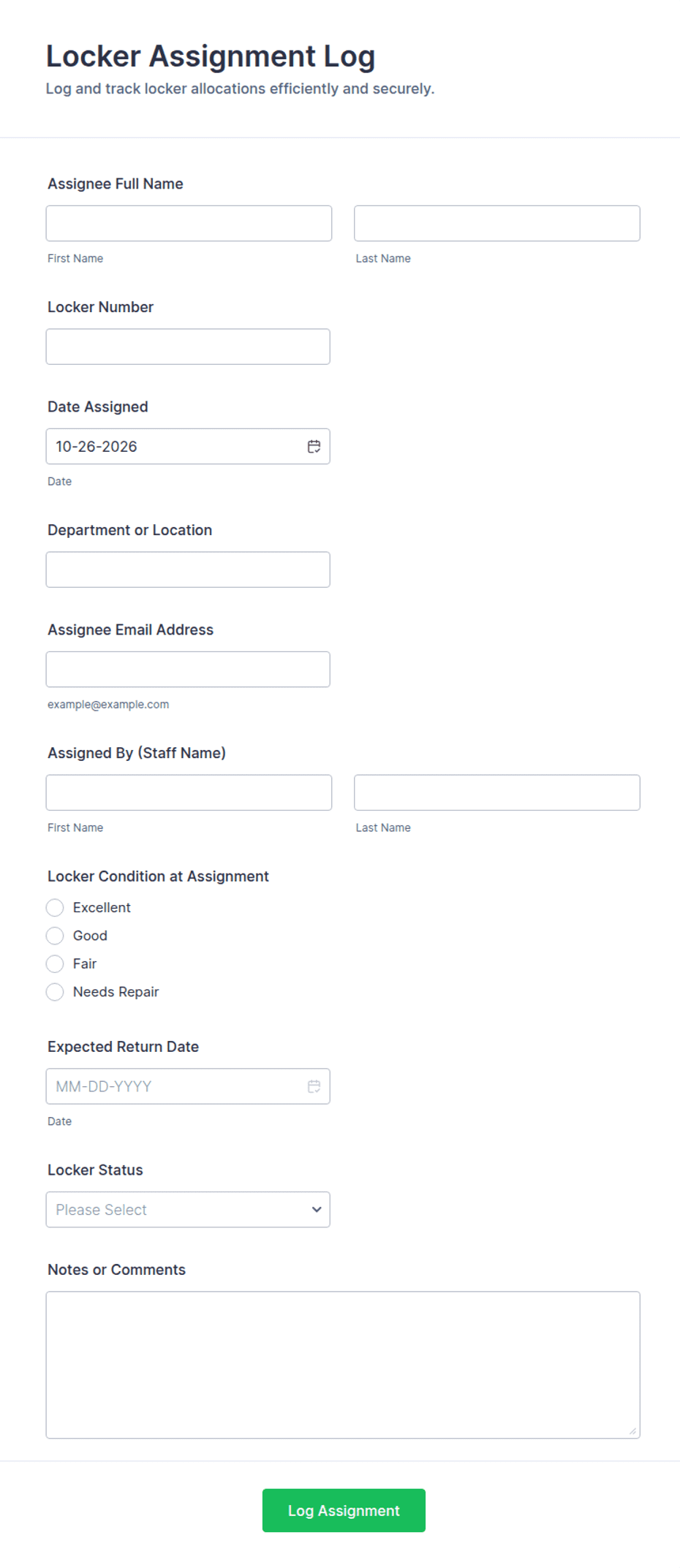 Locker Assignment Log Form Template | Jotform