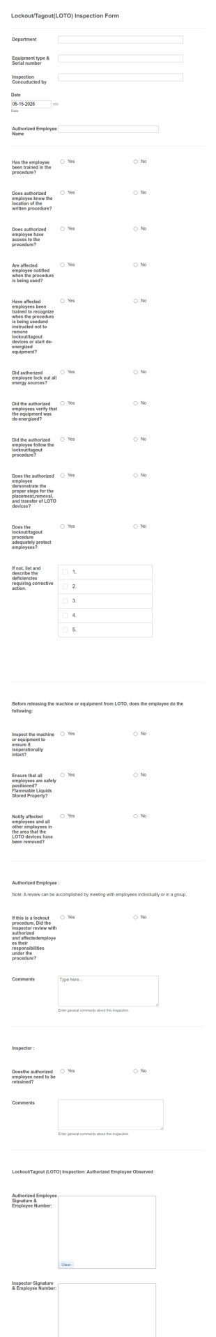 Lockout Tagout Inspection Form Template