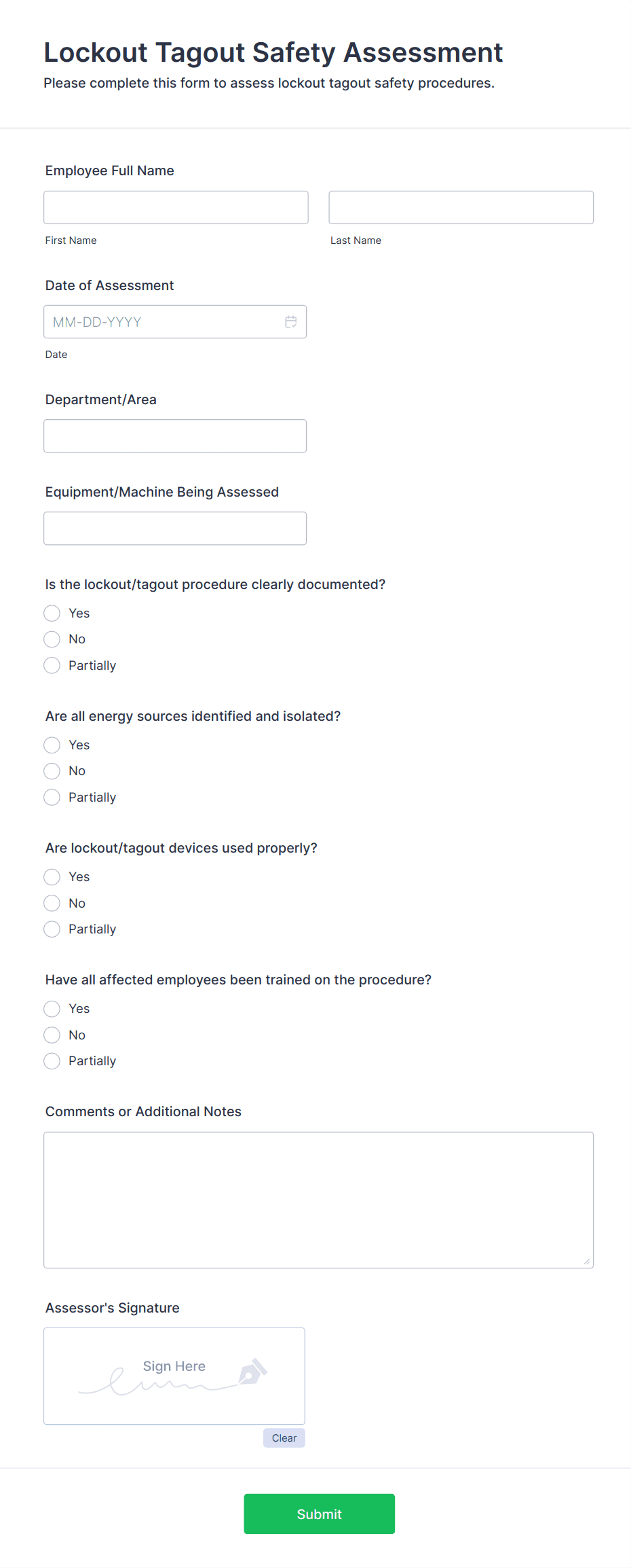 Lockout Tagout Safety Assessment Form Template | Jotform