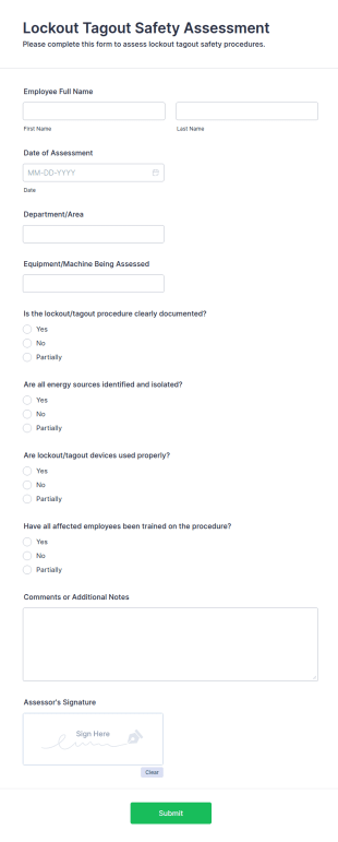 Lockout Tagout Safety Assessment Form Template