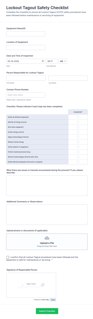 Lockout Tagout Safety Checklist Form Template