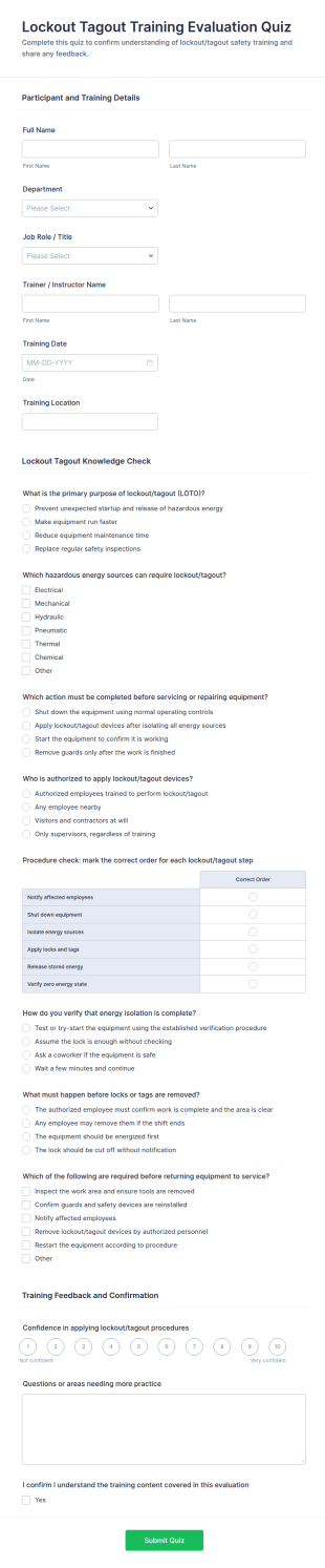 Lockout Tagout Training Evaluation Quiz Form Template
