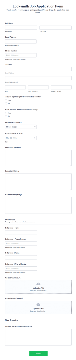 Locksmith Job Application Form Template