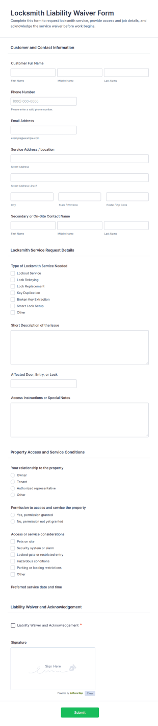 Locksmith Liability Waiver Form Template