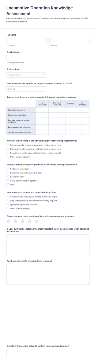 Locomotive Operation Knowledge Assessment Form Template