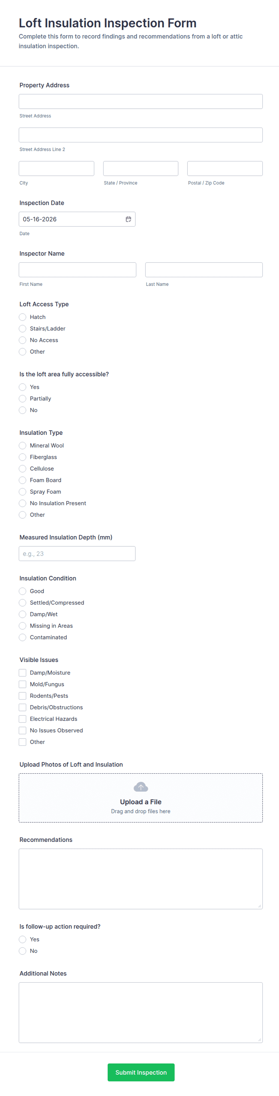 Loft Insulation Inspection Form Template | Jotform