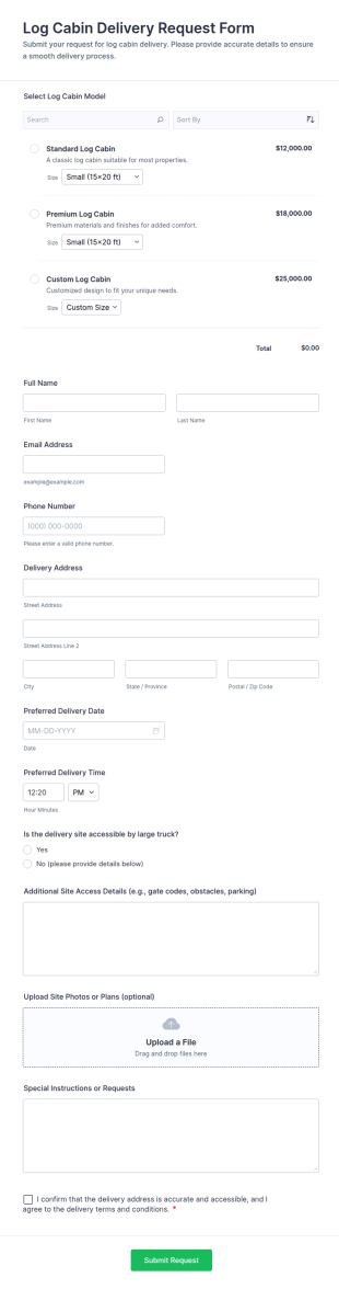 Log Cabin Delivery Request Form Template