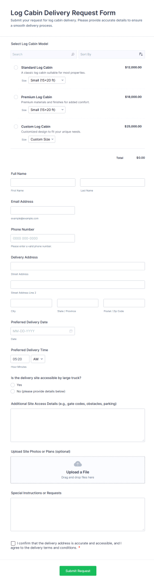 Log Cabin Delivery Request Form Template