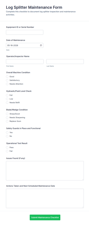 Log Splitter Maintenance Checklist Form Template