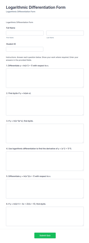 Logarithmic Differentiation Quiz Form Template