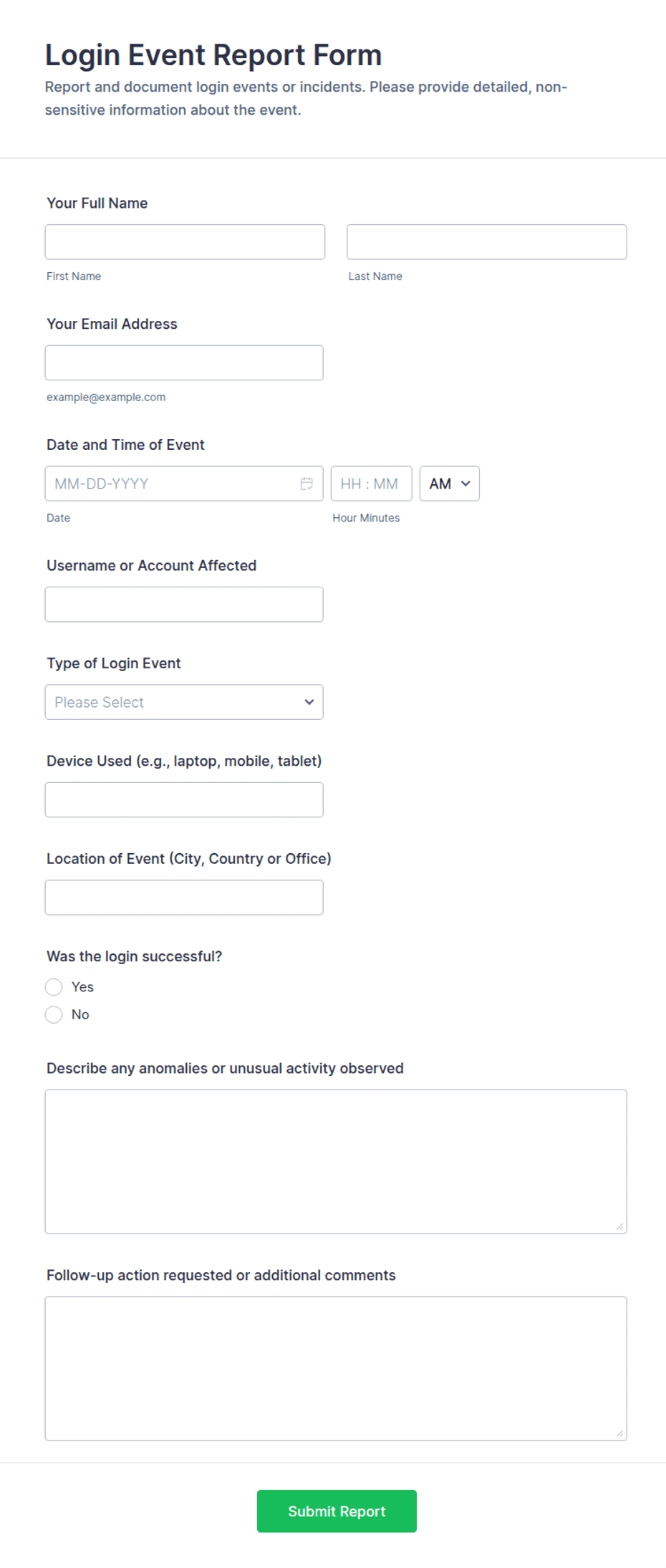 Login Event Report Form Template | Jotform
