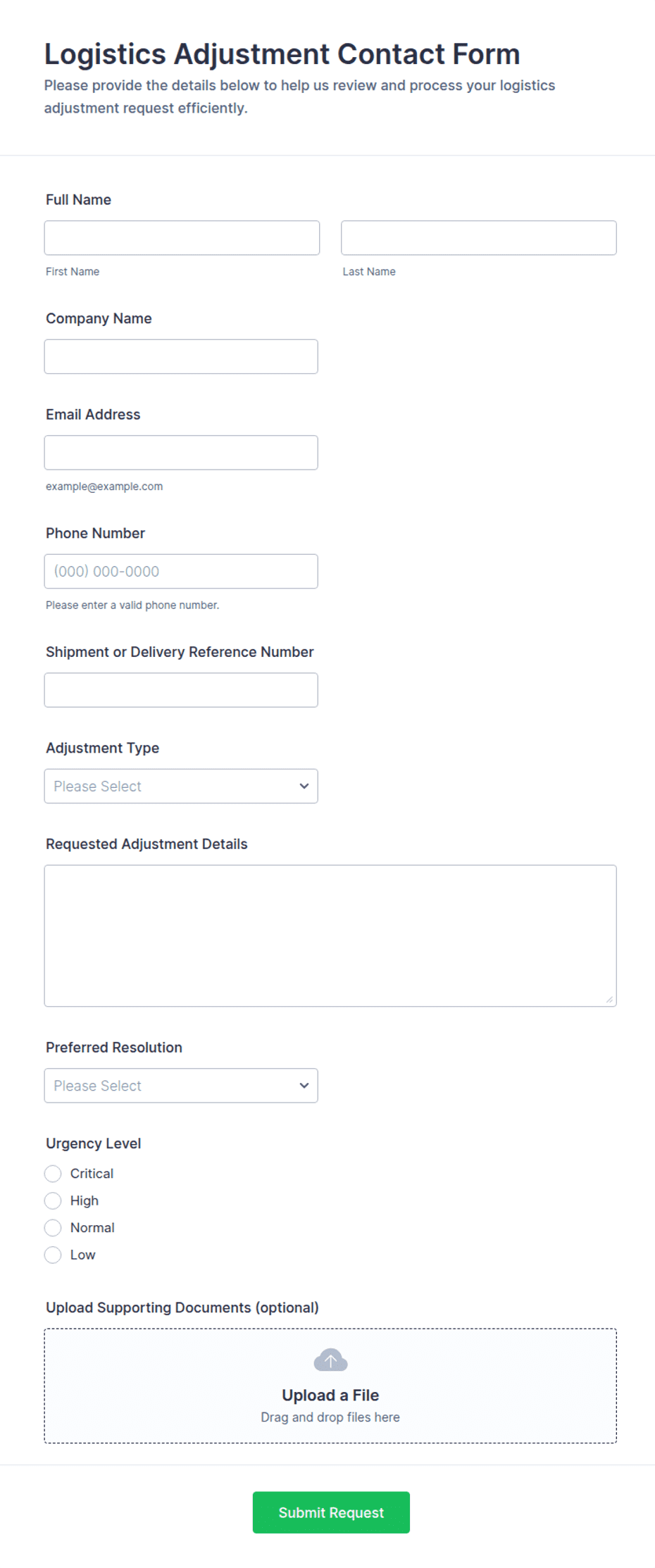 Logistics Adjustment Contact Form Template | Jotform