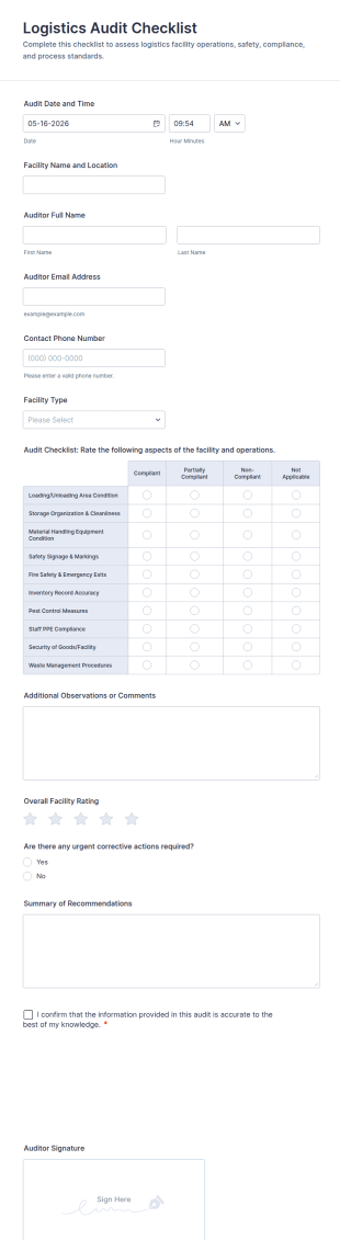 Logistics Audit Checklist Form Template