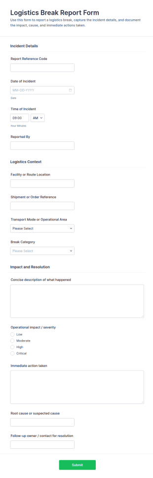 Logistics Break Report Form Template