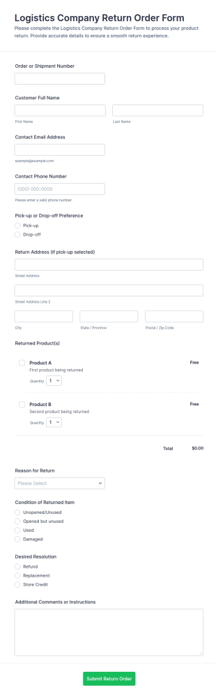 Logistics Company Return Order Form Template