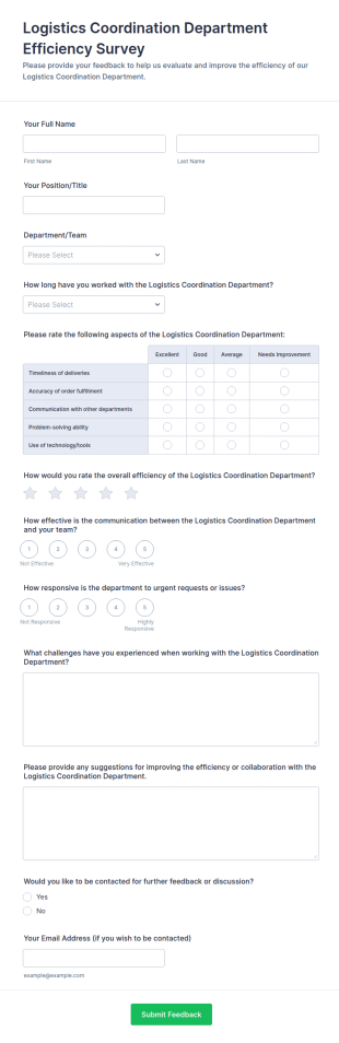 Logistics Coordination Department Efficiency Survey Form Template
