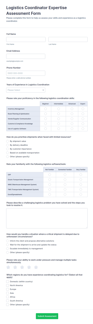 Logistics Coordinator Expertise Assessment Form Template