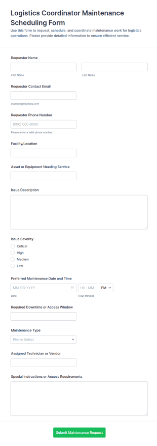 Logistics Coordinator Maintenance Scheduling Form Template