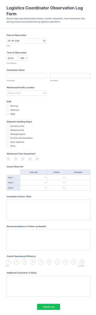 Logistics Coordinator Observation Log Form Template