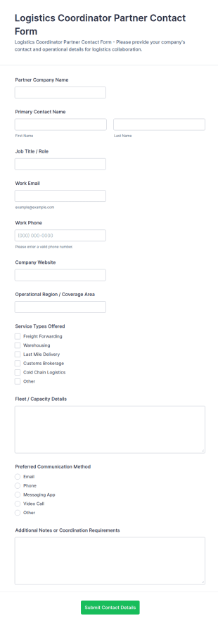 Logistics Coordinator Partner Contact Form Template