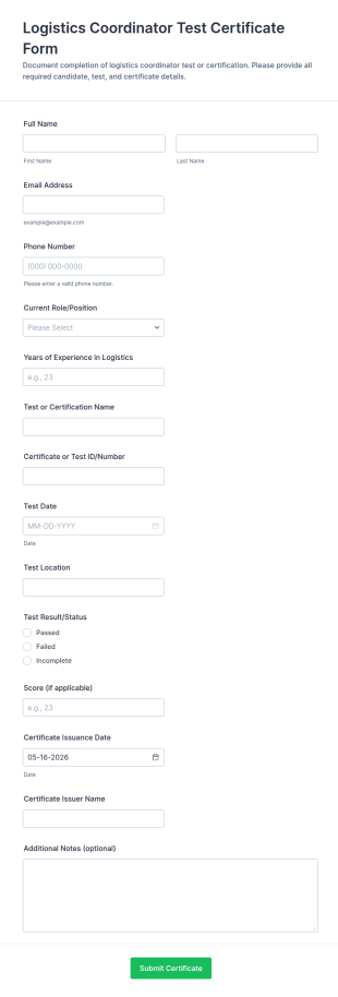 Logistics Coordinator Test Certificate Form Template