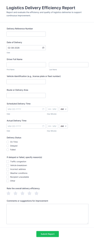 Logistics Delivery Efficiency Report Form Template
