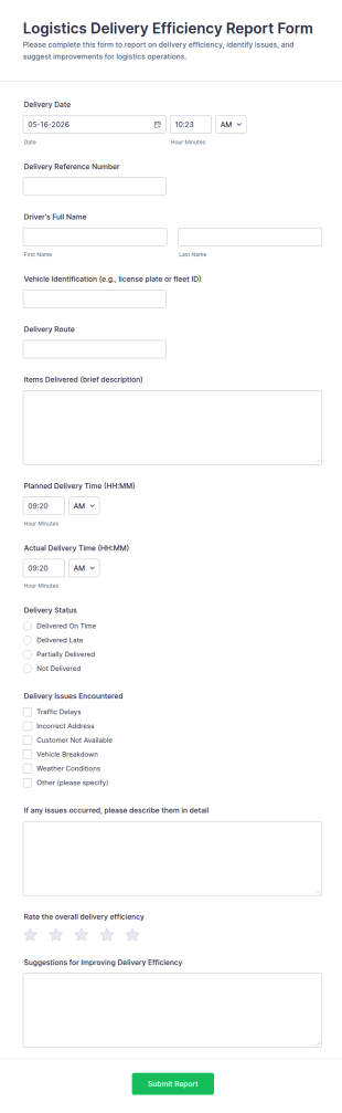 Logistics Delivery Efficiency Report Form Template
