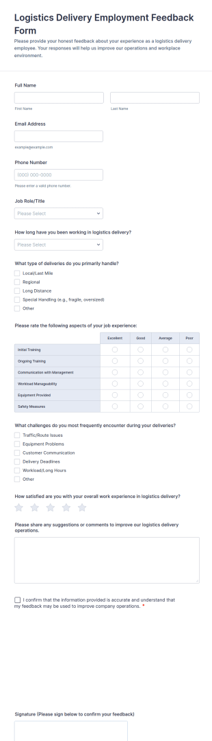 Logistics Delivery Employment Feedback Form Template