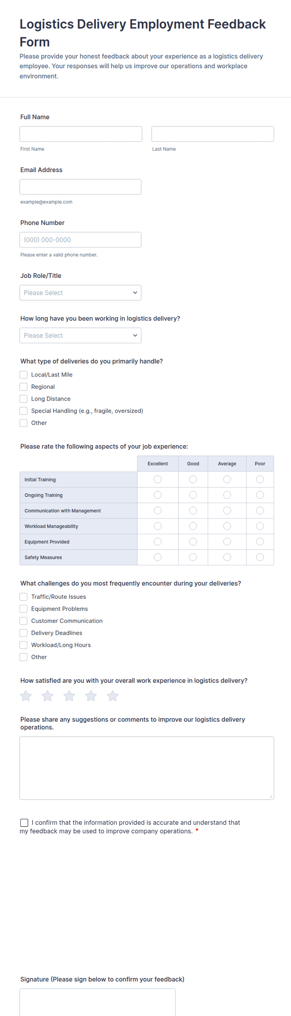 Basic Delivery Driver Review Form Logistics Delivery Employment Feedback Form Template | Jotform