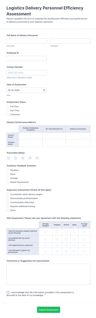 Logistics Delivery Personnel Efficiency Assessment Form Template